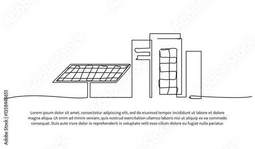 Continuous one line design of solar panels and modern building. Minimalist style vector illustration on white background.