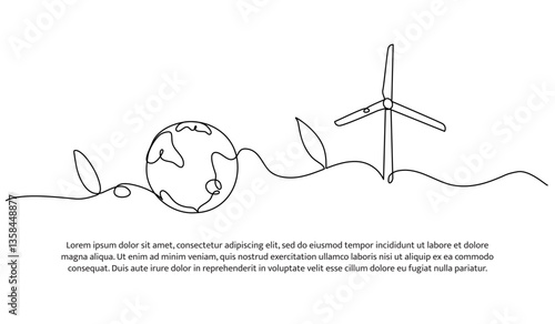 Continuous one line design of earth and wind turbine. Minimalist style vector illustration on white background.
