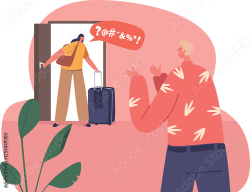 Furious wife quarrelling leaving husband