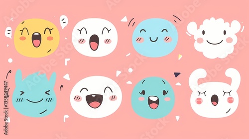 A playful set of illustrated faces in a soft pastel color palette of cyan, pink, and white, featuring joy, curiosity, excitement, and rounded designs with expressions like happiness and fun