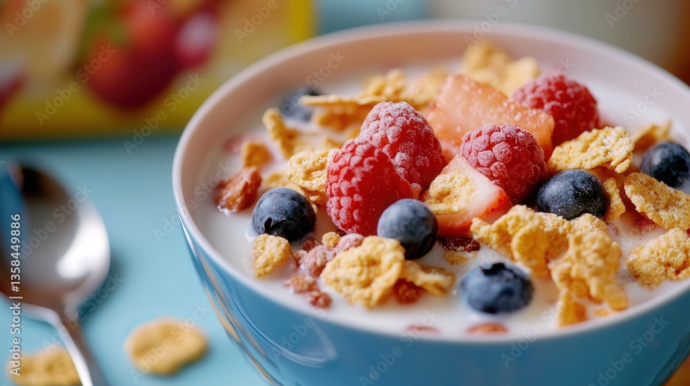 cereal with a spoon resting beside it, and a bowl of cereal topped with fresh fruit and milk in the foreground, capturing the texture of the flakes. cereal with a spoon resting beside it, and a bowl of cereal topped with fresh fruit and milk in the foreground, capturing the texture of the flakes.