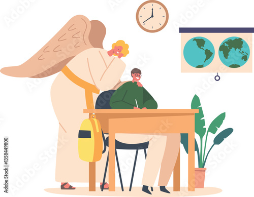 Angel helping schoolboy to study