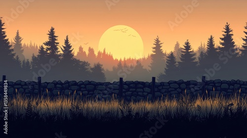 Sunset over stone wall, forest silhouette, peaceful rural landscape, nature background