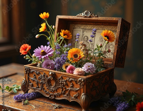 Antique box overflowing with vibrant flowers