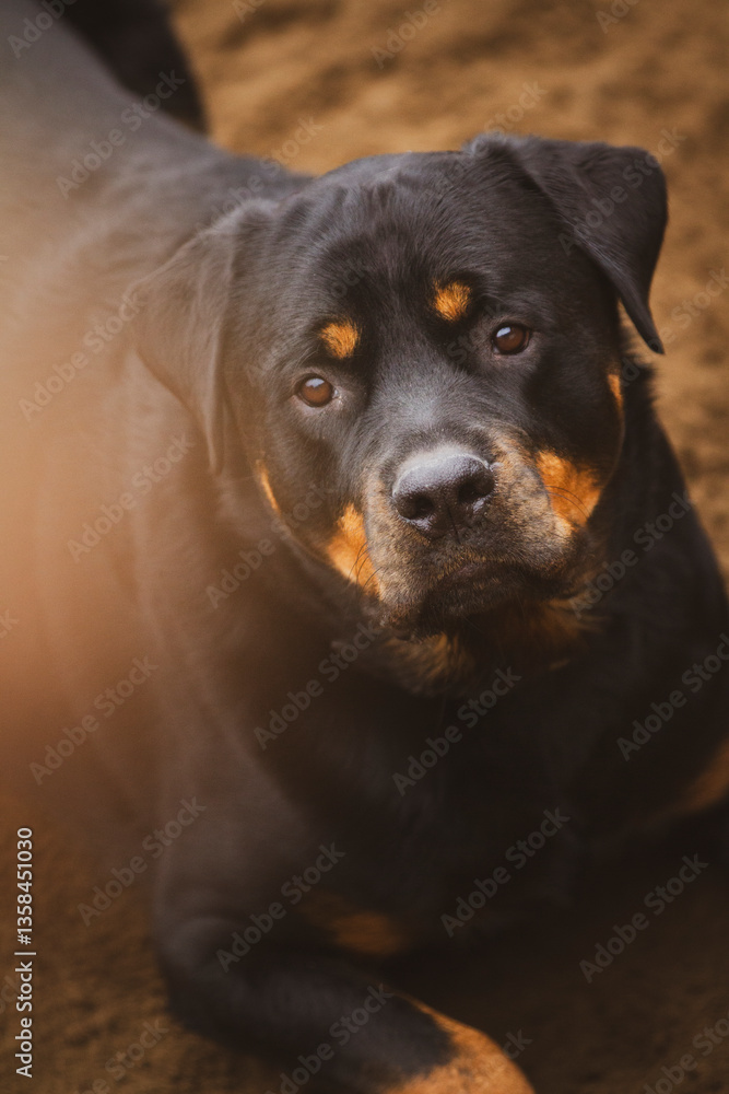 Fototapeta premium Portrait of Rottweiler relaxing in the dirt.