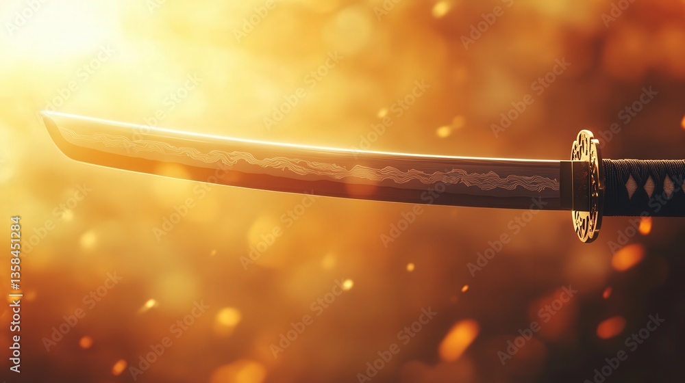 katana sword set against a blurred background, with the blade gleaming under bright light, capturing its strength and elegance. katana sword set against a blurred background, with the blade gleaming under bright light, capturing its strength and elegance.