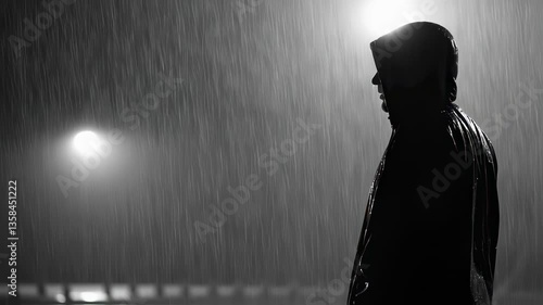 Dark figure in rain reflects solitude during nighttime walk in the city