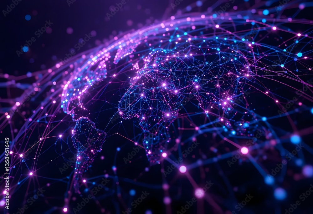 Digital illustration of Earth with glowing network connections in a futuristic global technology concept Digital illustration of Earth with glowing network connections in a futuristic global technology concept