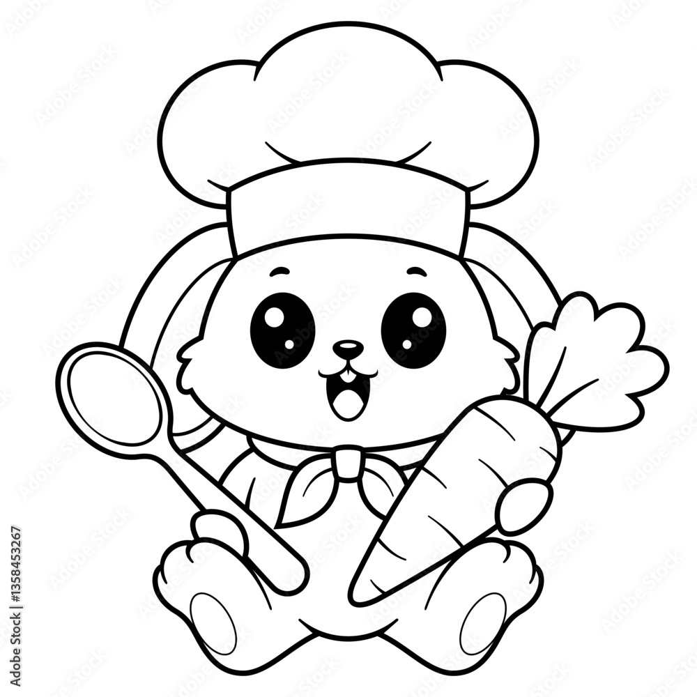 Fototapeta premium Cute bunny happy to be a chef, for coloring