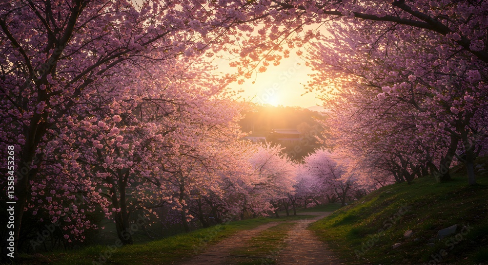 Obraz premium Walking Path Lined with Cherry Blossoms at Sunset in Spring Season