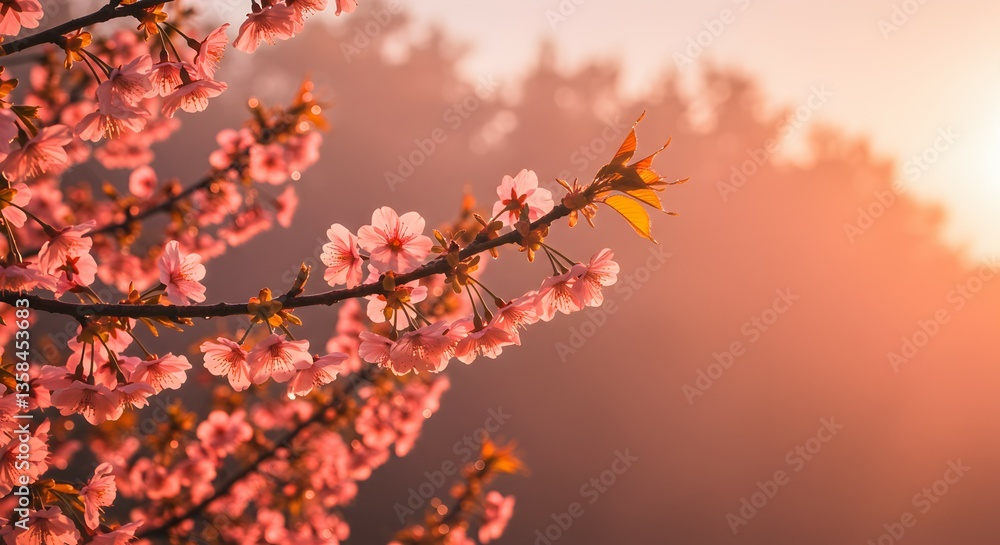 Captivating Cherry Blossom Branch with Morning Sunlight and Soft Colors Captivating Cherry Blossom Branch with Morning Sunlight and Soft Colors