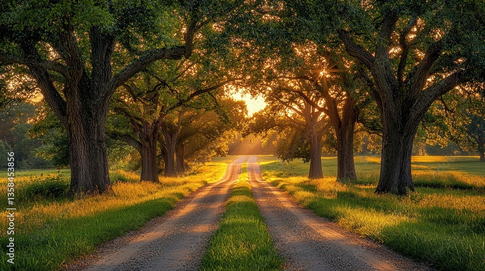 Fototapeta premium Sunlit country road through majestic oak trees.