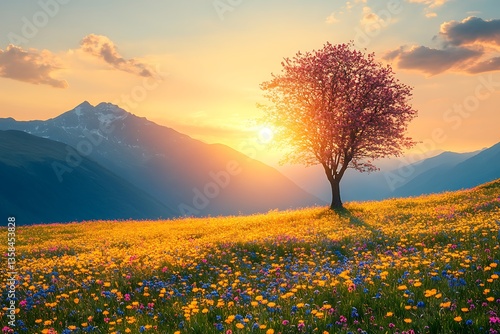Wallpaper Mural A flowering tree and wildflowers with mountains during sunset Torontodigital.ca