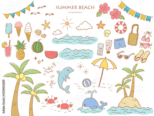 ラフな手描きタッチの夏のビーチセット(カラー)
