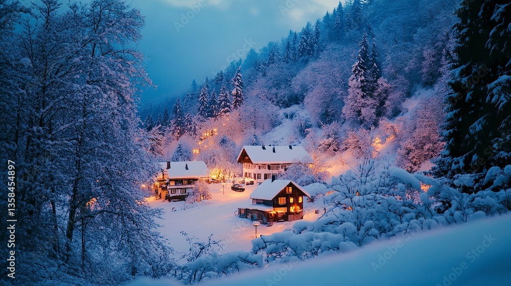 Snowy village at the edge of a dense forest, warm lights in windows contrasting against icy blues of dusk, cinematic low-angle shot from a snowbank. Snowy village at the edge of a dense forest, warm lights in windows contrasting against icy blues of dusk, cinematic low-angle shot from a snowbank.