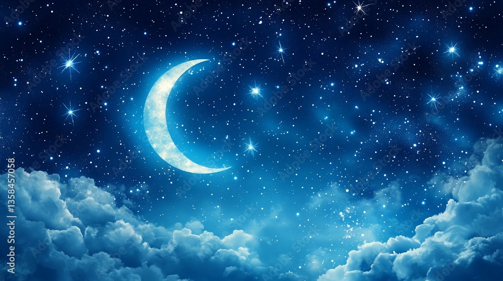Dreamy Nightscape: Crescent Moon, Starry Sky and Soft Clouds Dreamy Nightscape: Crescent Moon, Starry Sky and Soft Clouds