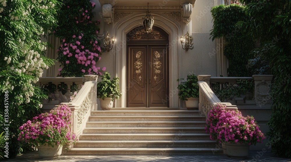 mansion's ornate front steps leading to an impressive doorway, surrounded by flowering plants and elegant fixtures. mansion's ornate front steps leading to an impressive doorway, surrounded by flowering plants and elegant fixtures.