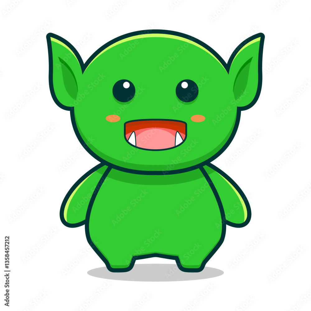 A cheerful chibi style green goblin with big eyes, pointy ears, an open mouthed smile, and small fangs. Designed with bold outlines and bright colors, perfect for mascots, stickers or kid's designs. A cheerful chibi style green goblin with big eyes, pointy ears, an open mouthed smile, and small fangs. Designed with bold outlines and bright colors, perfect for mascots, stickers or kid's designs.