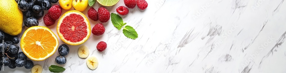 Assorted Fresh Fruits Displayed on White Surface Assorted Fresh Fruits Displayed on White Surface