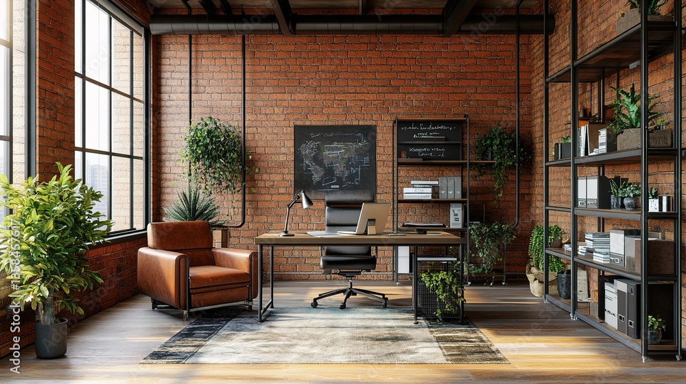 Fototapeta premium Modern Industrial Loft Office Design with Plants and Natural Light