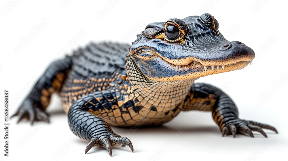 Obraz premium The muscular body and armored back of an American alligator, isolated against white. Soft shadows add depth to its lifelike texture. Studio lighting, detailed realism. 