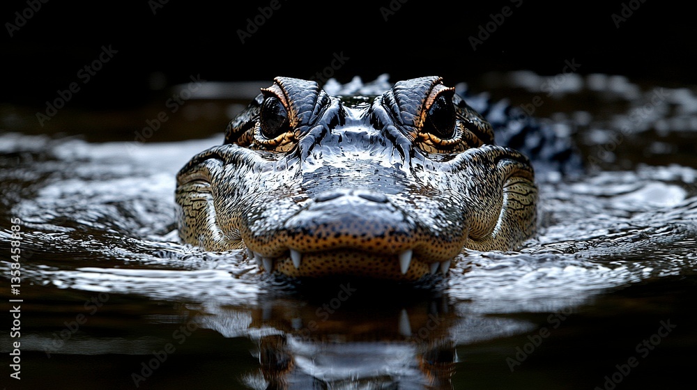 Fototapeta premium The sleek body of a large alligator cuts through the water, its strong tail propelling it gracefully. Gentle ripples highlight the predator's smooth, fluid movement.