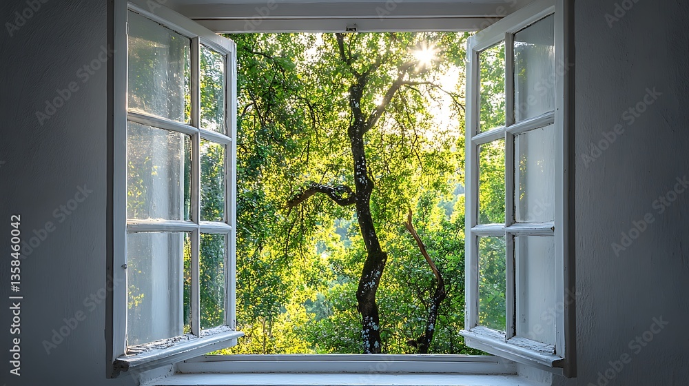 Obraz premium An open window revealing a vibrant view of a tree and nature