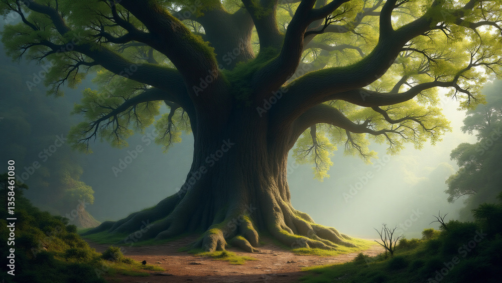 Fototapeta premium Majestic Ancient Tree with Deep Roots and a Hollow Trunk