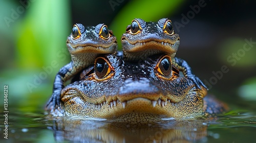 Two young crocodiles sit perched on an adult crocodile's head, their tiny bodies sharply detailed against the older's weathered scales. Calm water surrounds them. 