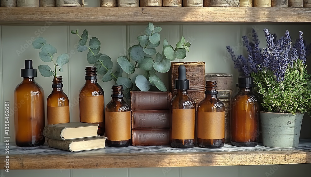 Antique shelf arrangement featuring glass bottles books and greenery displays Antique shelf arrangement featuring glass bottles books and greenery displays