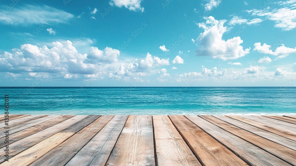 Fototapeta premium Scenic Wooden Plank Floor on Sandy Beach Under Summer Sky