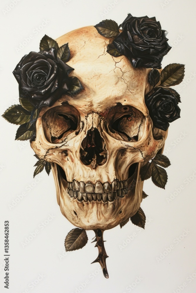 Fototapeta premium A japanese Skull with black roses painting art drawing.