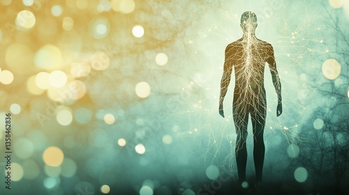 Human nervous system visualized with light and artistic abstract background