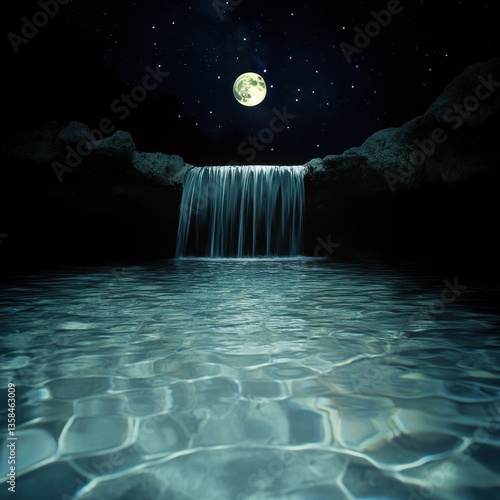 A reflective pool beneath a glowing waterfall, full moon suspended above, constellations drifting across the water ar 16:9 v 6.1 q 2