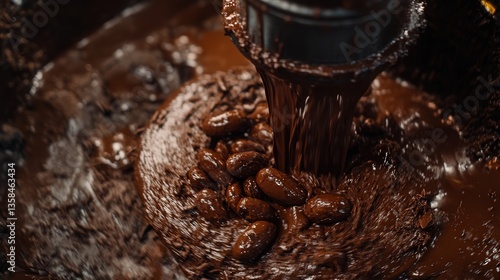 cocoa beans being poured into a cocoa maker, the process of grinding and refining turning them into the smoothest chocolate imaginable