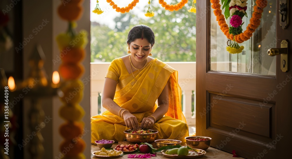 Fototapeta premium Indian woman in yellow sari prepares puja thali for Diwali celebration. Traditional Hindu ritual at home. Festival of lights. Greeting card for Navratri, Durga Puja.