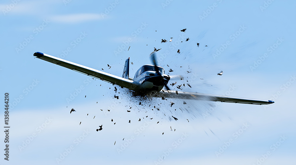Fototapeta premium Airplane in Flight with Bird Strike Impact Blue Sky Background Showing Damage and Debris After Collision