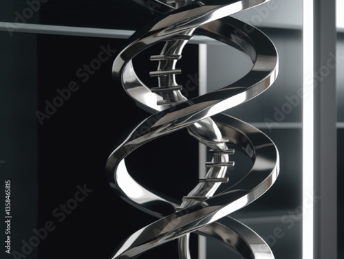 Bookshelf shaped like a DNA helix, high-tech aesthetic, sleek metallic finish 