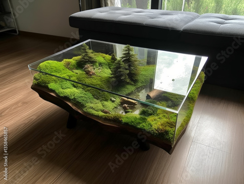 Coffee table with a built-in terrarium, featuring miniature bonsai trees inside, nature meets modern design 