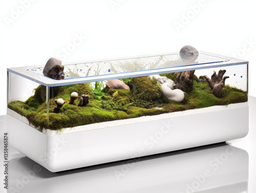 Coffee table with a built-in terrarium, featuring miniature bonsai trees inside, nature meets modern design 