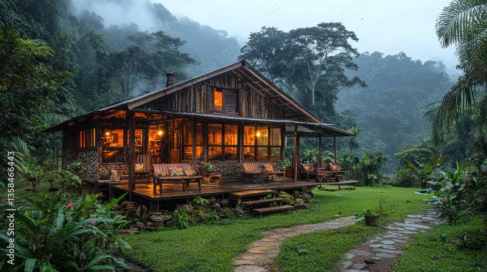 Cozy cabin nestled in lush rainforest at dawn. Cozy cabin nestled in lush rainforest at dawn.