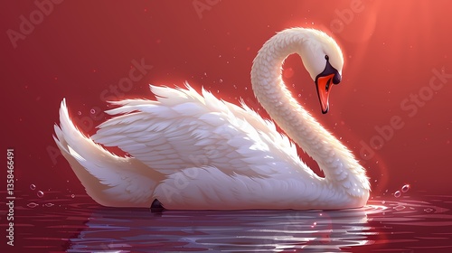 Swan in a Red Radiance: A serene swan glides gracefully across the water. Its pure white plumage stands in stark contrast against a vivid red backdrop, creating a scene of elegance and tranquility.
