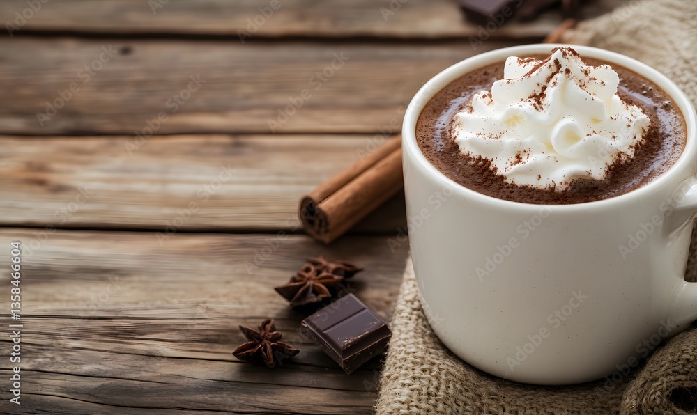 hot chocolate topped with whipped cream and cocoa, Generative AI hot chocolate topped with whipped cream and cocoa, Generative AI