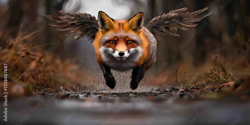 Fototapeta premium Flying Fox with Wings Leaping Through a Forest, Animal Fantasy Wildlife Scene