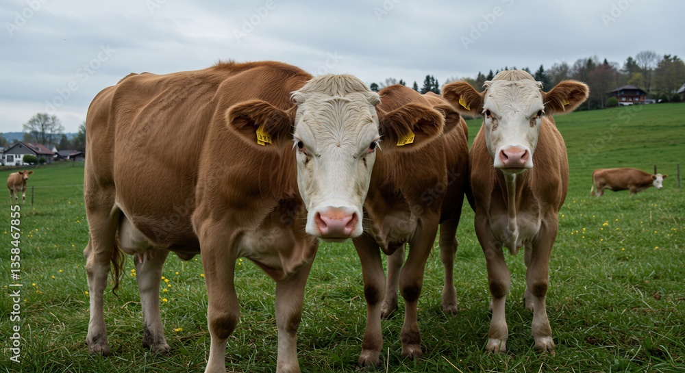 Serene Cows Grazing Green Pasture Sunlight. AI Generated Serene Cows Grazing Green Pasture Sunlight. AI Generated