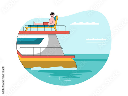 Man on luxury yacht illustration. Yacht illustration. Flat vector illustration concept.