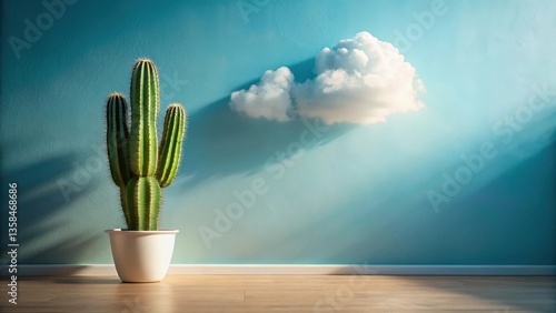 Serene Cactus in a Pot, Basking in Sunlight Against a Teal Wall with a Dreamy Cloud Feature