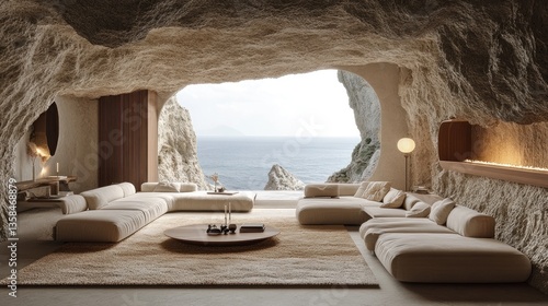 Luxurious cave living room with ocean view, featuring beige sofas, wooden coffee table, and stone walls.