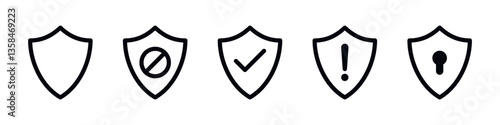 Shield check mark icon or security shield protection icons with tick symbol. Shield exclamation mark icon. shield warning or attention. risk alert line icon vector shield blocked icon