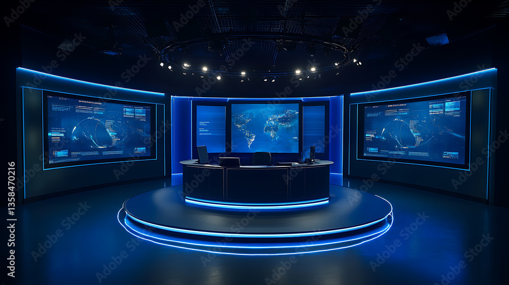 Fototapeta premium Blue Lit Modern News Stage Interior With Large Screens And Round Platform